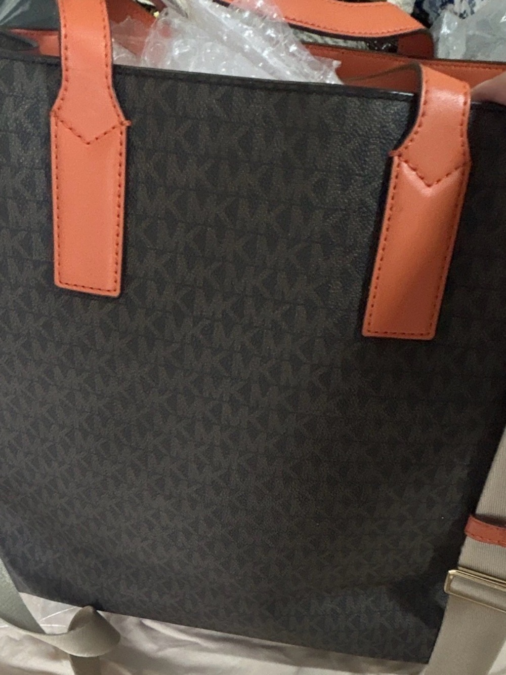 Michael Kors Brown MK Monogram Tote with Orange Trim - Picture 2 of 5